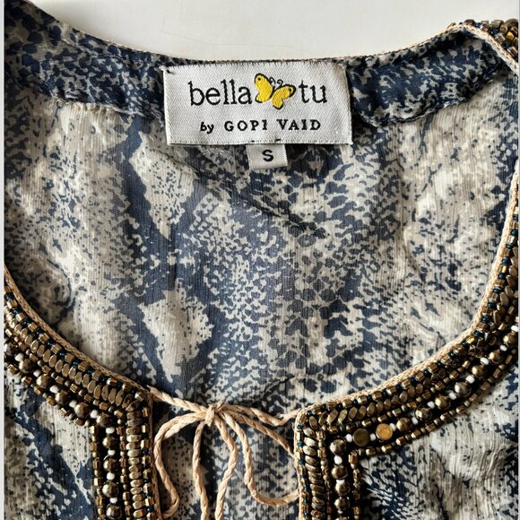 Bella Tu by Gopi Vaid Sheer Beaded Tunic Top S Snake Print Blue Resort Boho - Picture 2 of 6